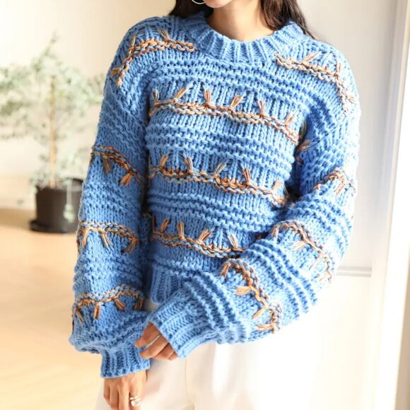 Blue Multicolor Cable Knitted Pullover Sweater - Picture 4 of 5